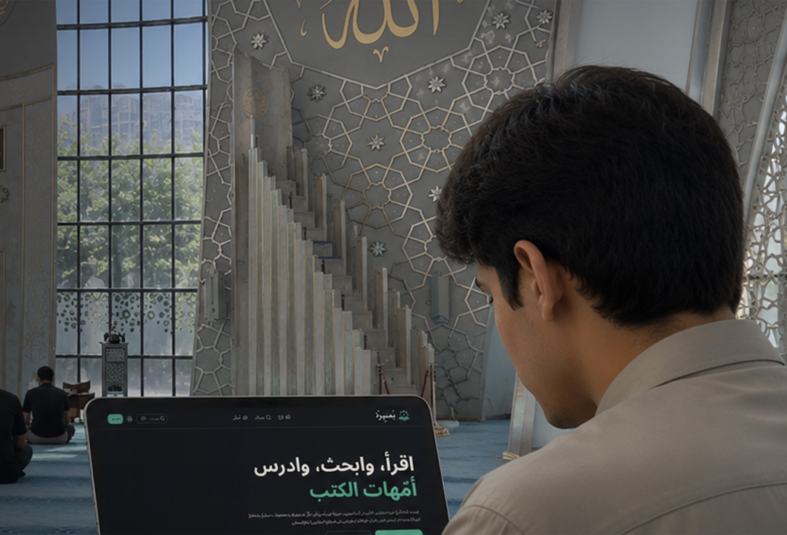 A man reading on a tablet inside a mosque