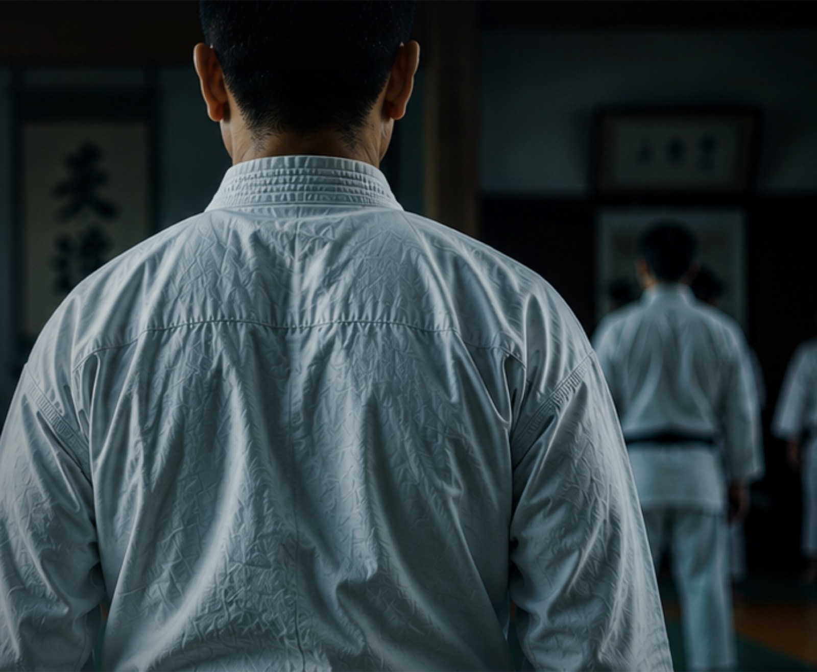 A martial artist in a white gi standing in a training hall