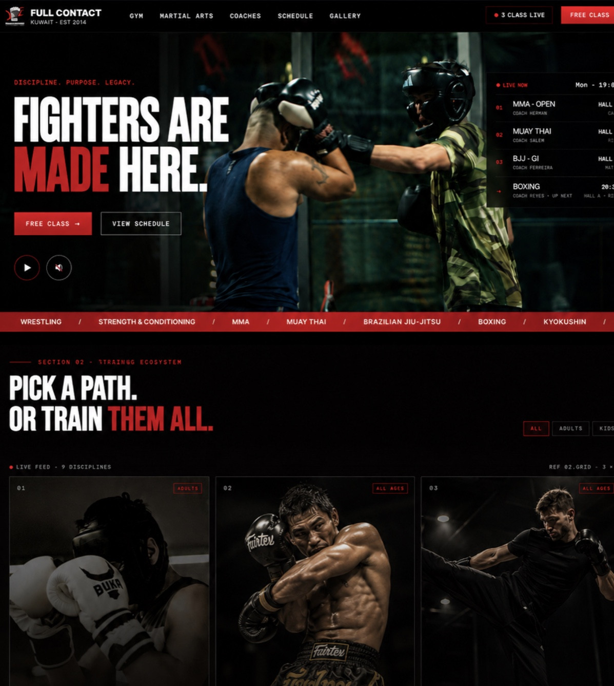 The Full Contact website homepage with a live class schedule