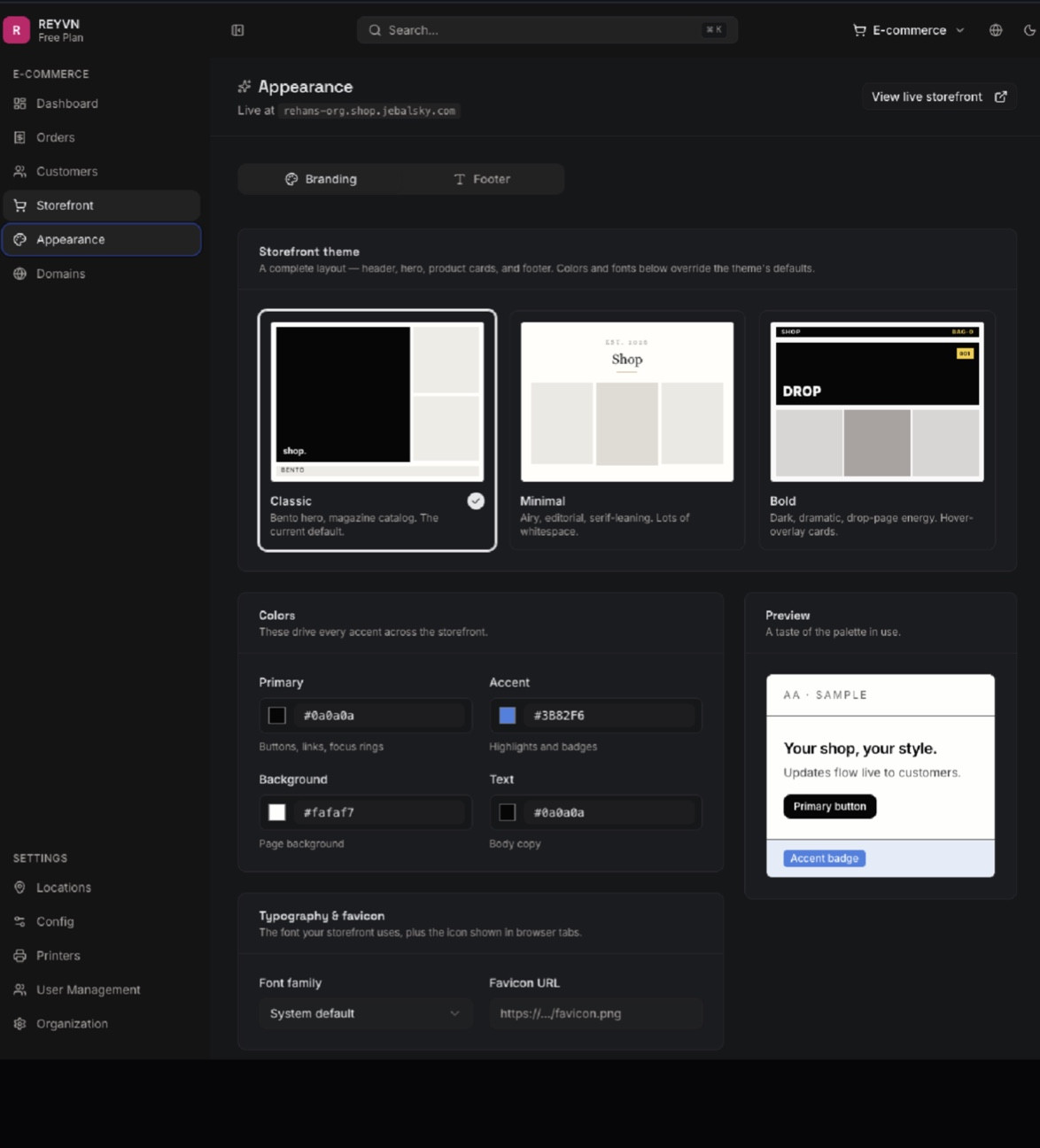 JebalSky storefront appearance settings with theme and colour options