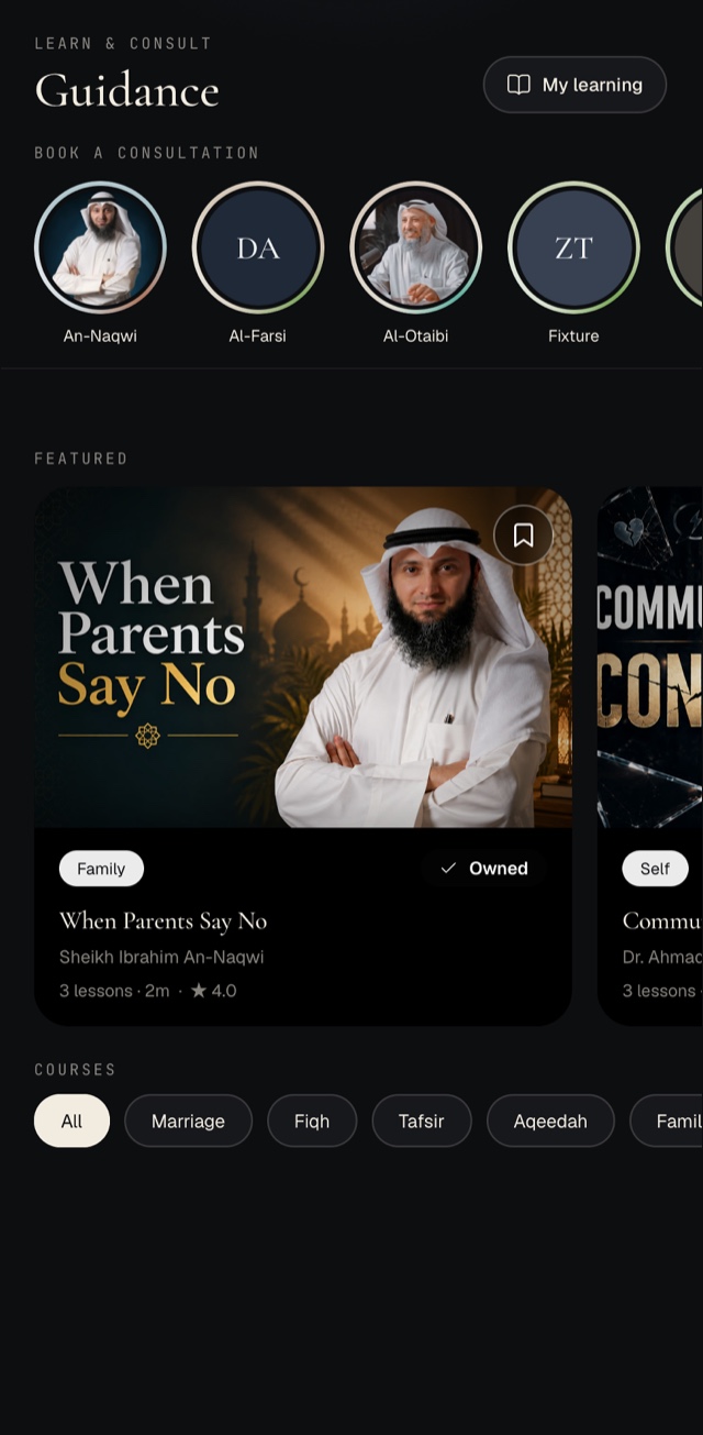 Qurrat Ain guidance screen with consultations and featured courses