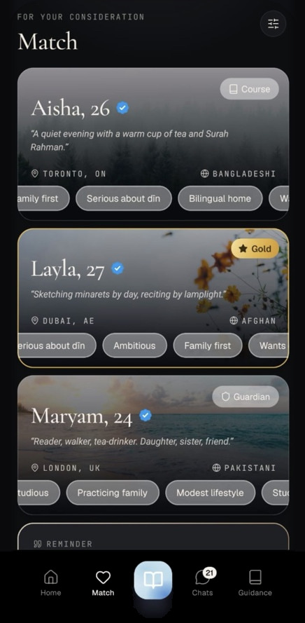 Qurrat Ain match screen showing values-based profile cards